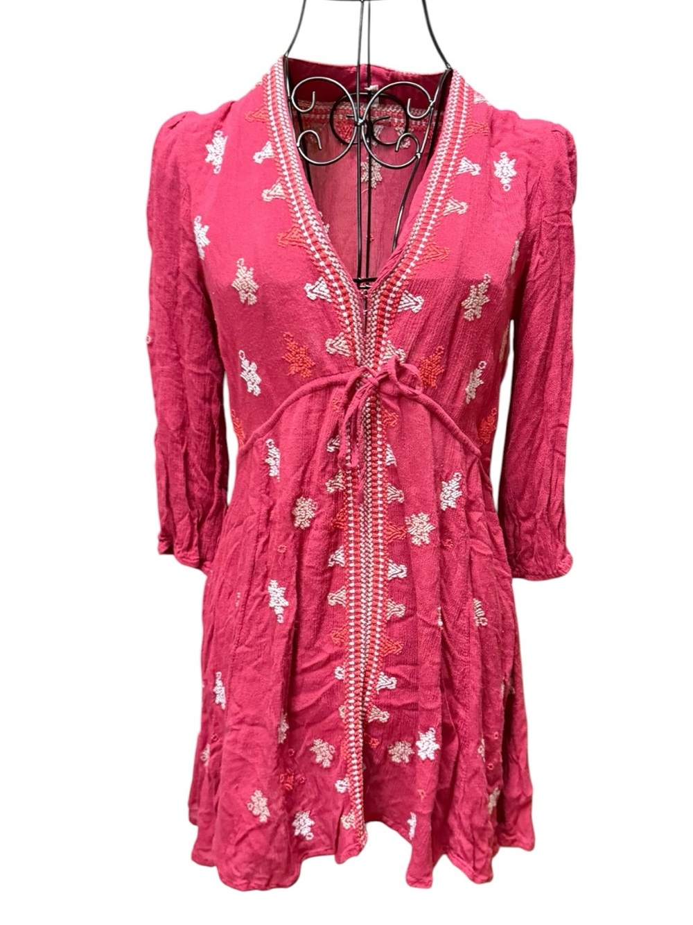 Free People Rose Pink Embroidered Tie Waist Boho Top Small
